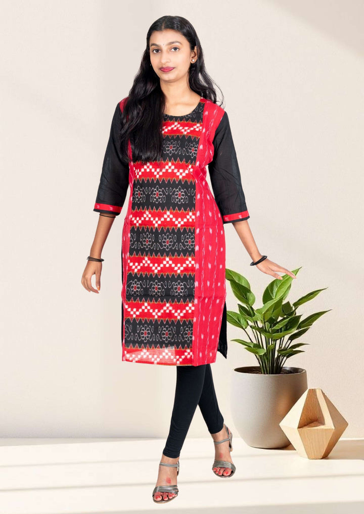 Sambalpuri Pure Cotton Zig-zag pattern Kurta in Red & Black