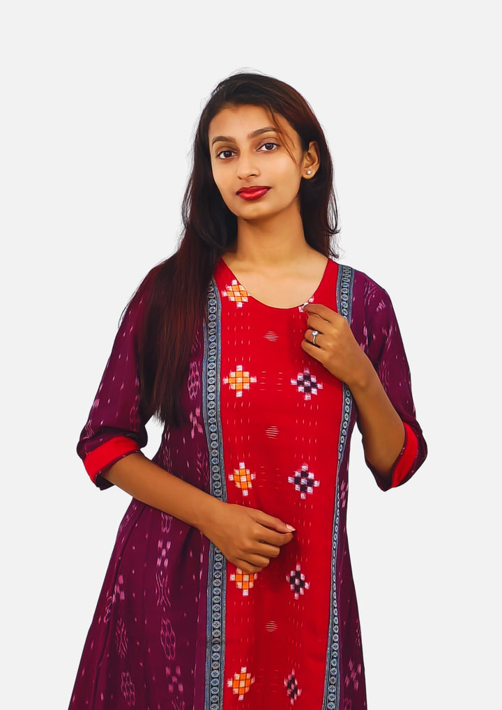 Sambalpuri Women's Gown – Maroon with Red and Multicolor Ikat Motif