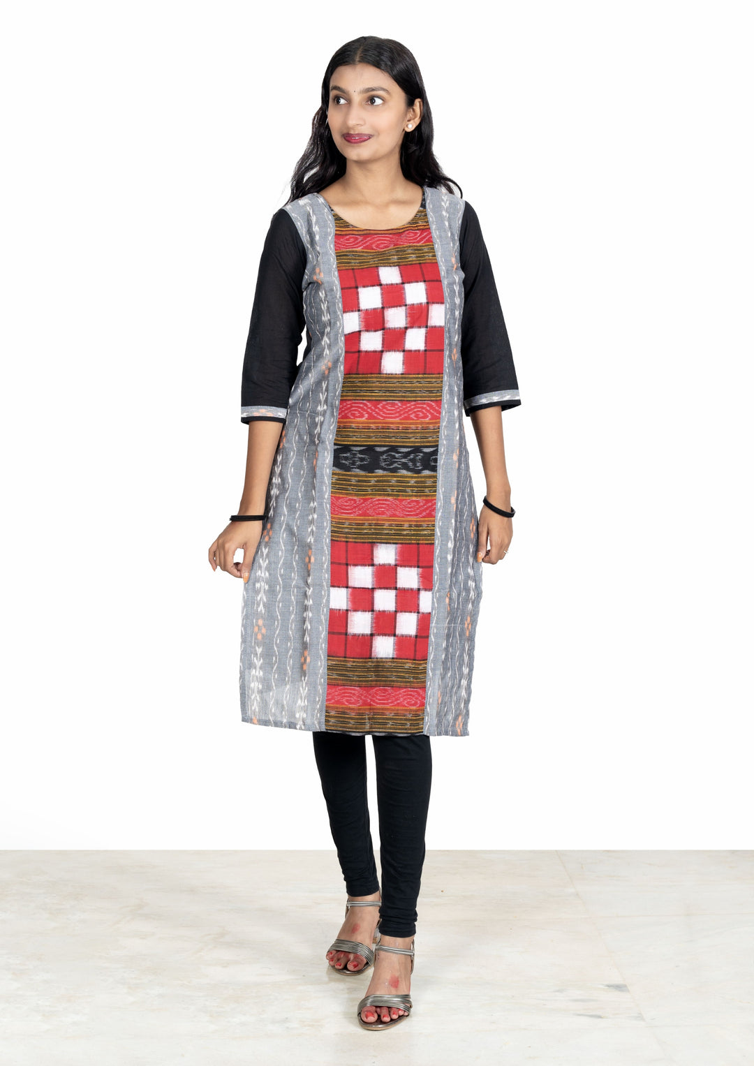 Sambalpuri Women's Kurti - Bichitrapuri Design Pure Cotton Kurta in Grey & Black