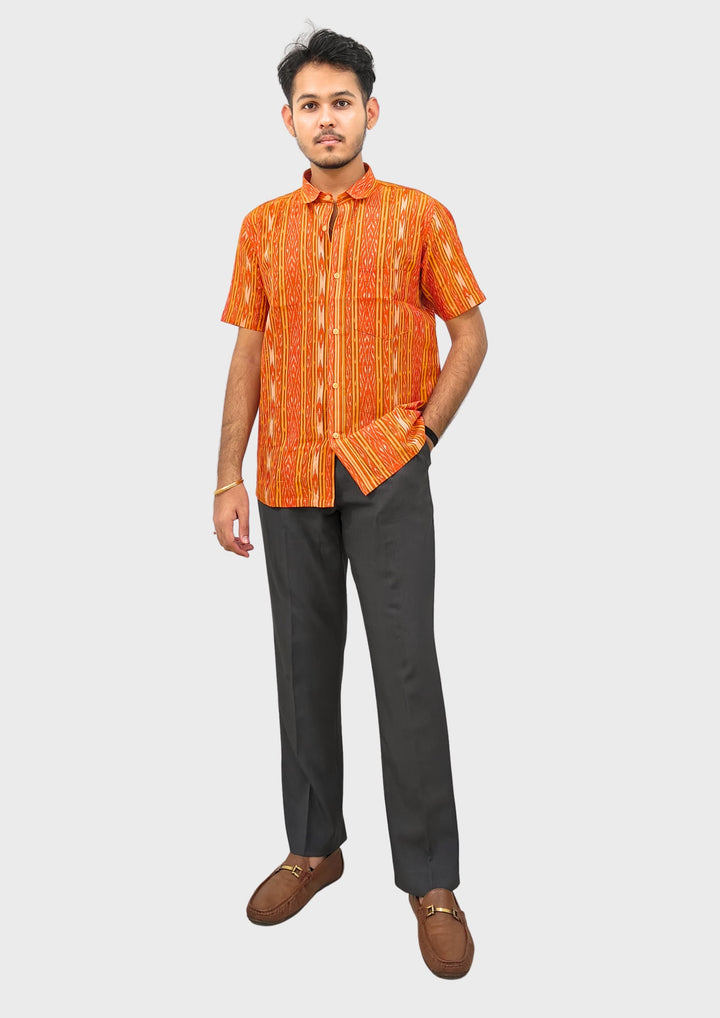 Sambalpuri Men’s Shirt – Ikat Geometric Stripe Motif, Orange Base with Yellow & White Highlights