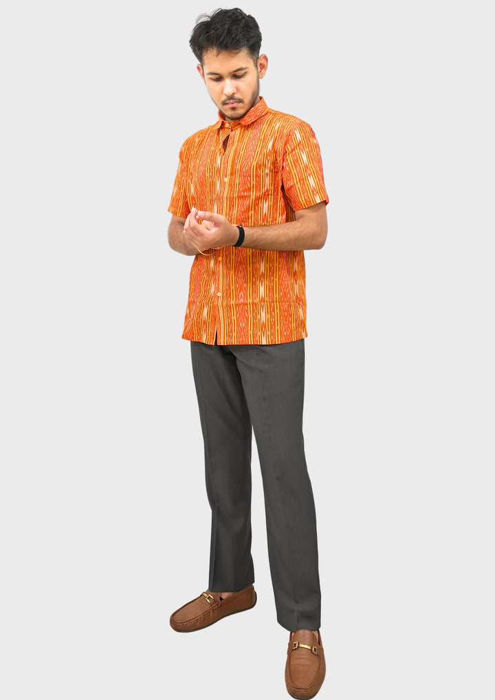 Sambalpuri Men’s Shirt – Ikat Geometric Stripe Motif, Orange Base with Yellow & White Highlights