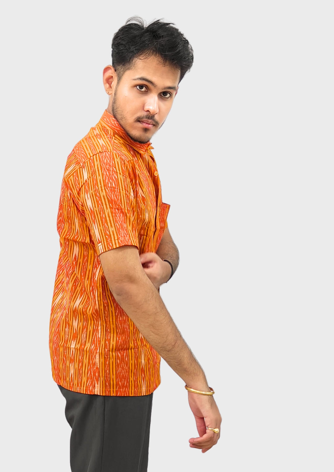 Sambalpuri Men's Shirt – Orange with Yellow Ikat Vertical Stripe Motif (Half Sleeve)