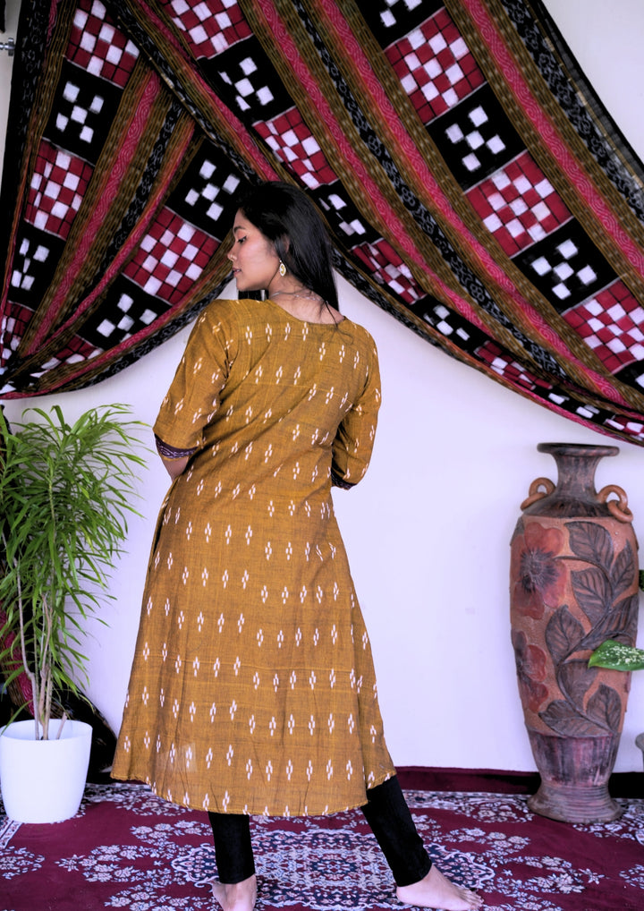 Sambalpuri Women’s Kurti – Mustard Yellow with Maroon Border and Black-Red Ikat Panel Detailing in Traditional Pattern