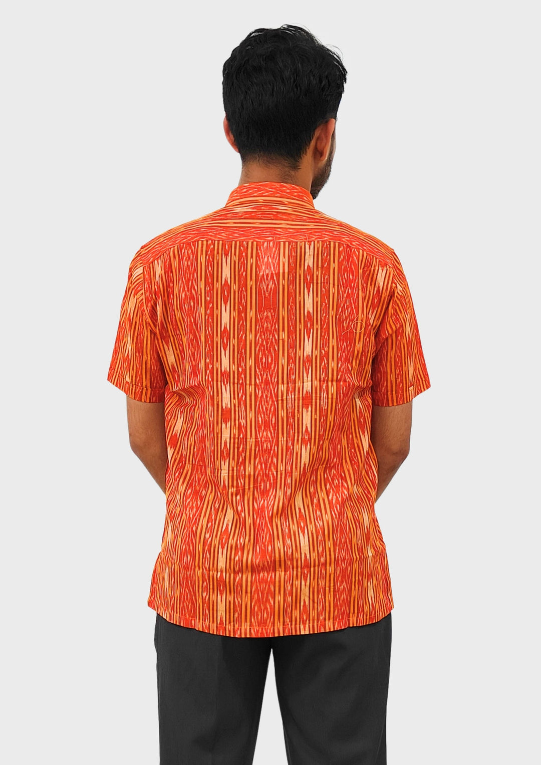 Sambalpuri Men’s Shirt – Ikat Geometric Stripe Motif, Orange Base with Yellow & White Highlights