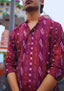 Sambalpuri Men’s Long Kurta – Ikat Diamond Motif, Maroon Base with White & Pink Highlights
