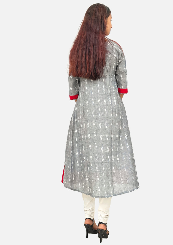Sambalpuri Women’s Gown– Grey with Red Ikat Panel and Multicolor Floral Motif