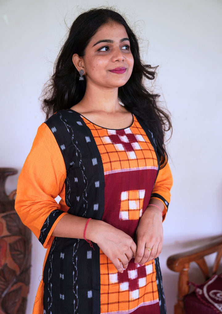 Sambalpuri Women's Kurti - Hand-woven Sapta Design Women Kurta in Yellow