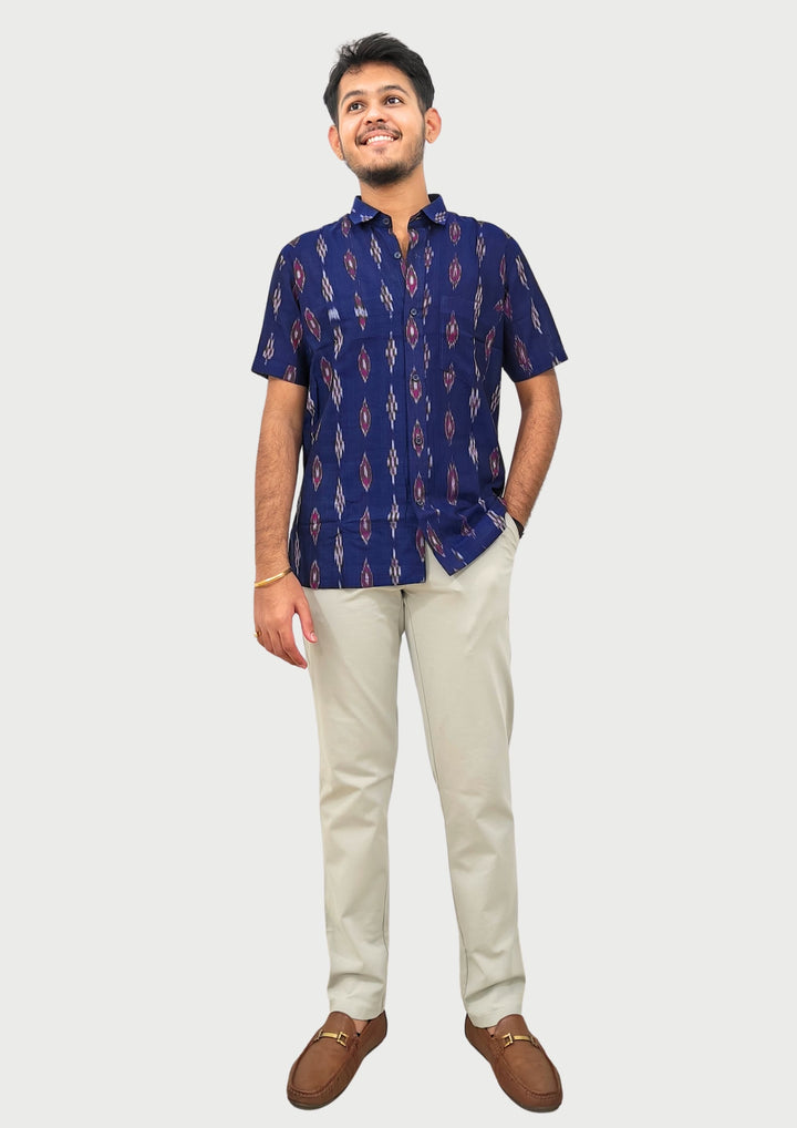 Sambalpuri Men’s Shirt – Ikat Diamond Motif, Navy Blue Base with Pink & White Highlights