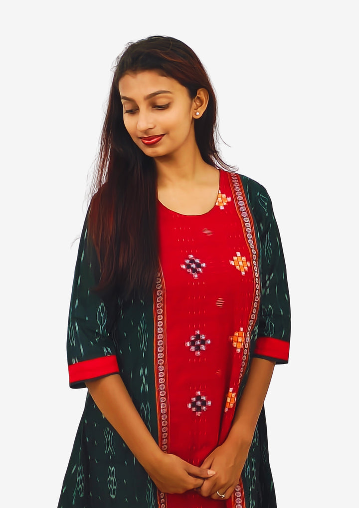 Sambalpuri Women’s Gown– Dark Green with Red Ikat Panel and Multicolor Floral Motif