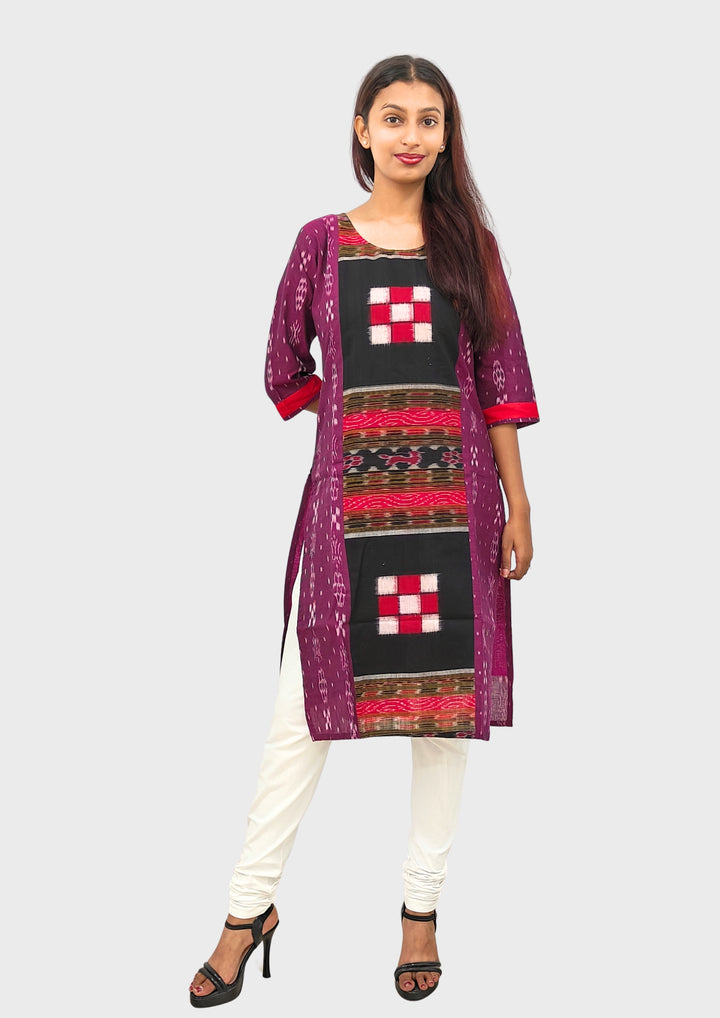 Sambalpuri Women's Kurti – Maroon with Black, Red, and White Pasapali Ikat Motif