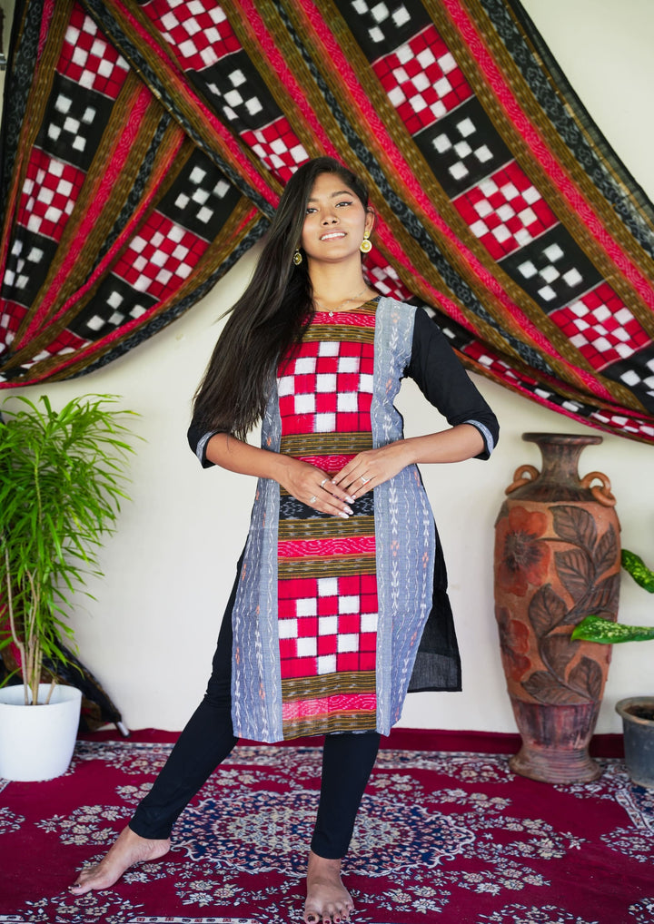 Sambalpuri Women's Kurti - Bichitrapuri Design Pure Cotton Kurta in Grey & Black