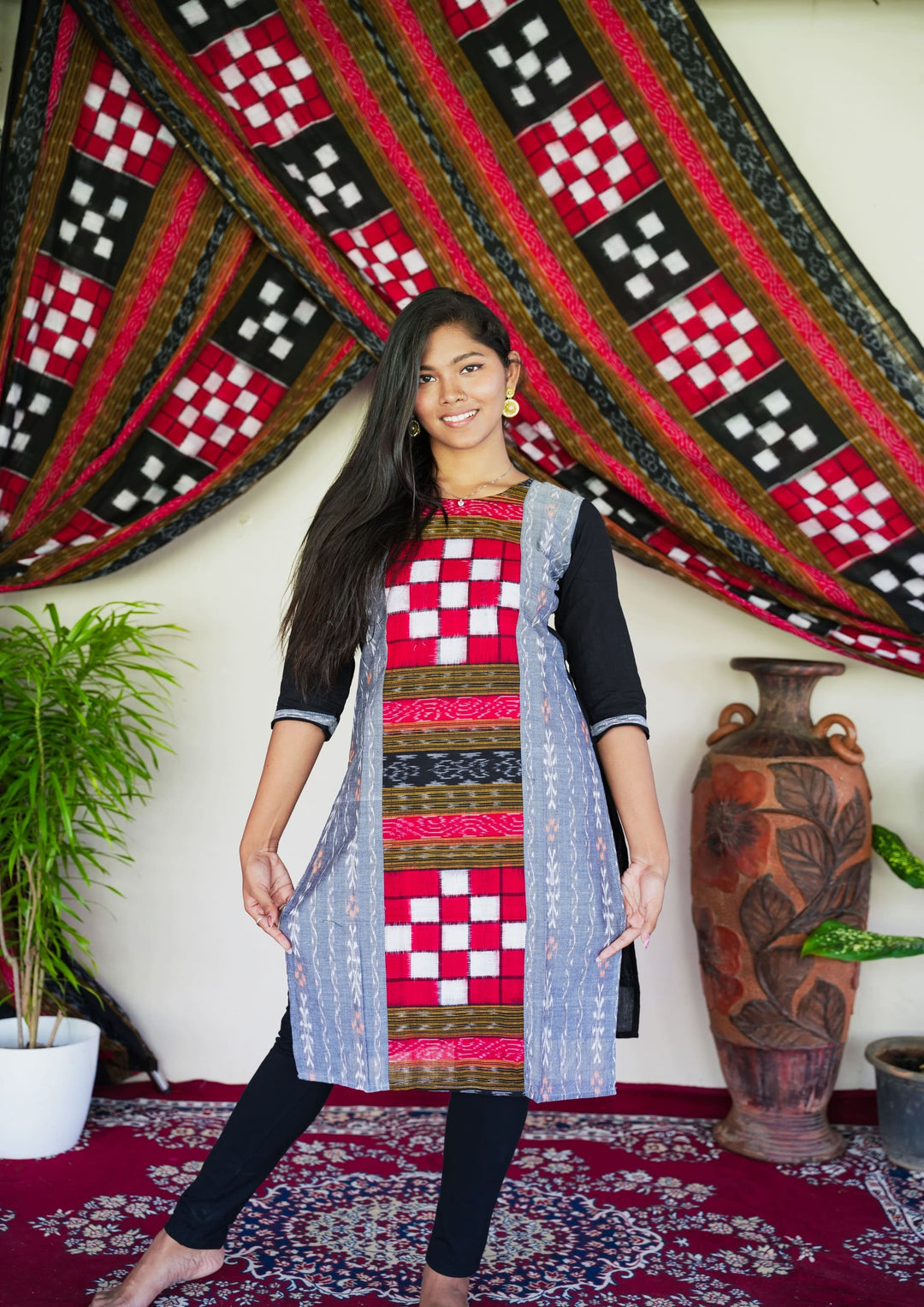 Sambalpuri Women's Kurti - Bichitrapuri Design Pure Cotton Kurta in Grey & Black