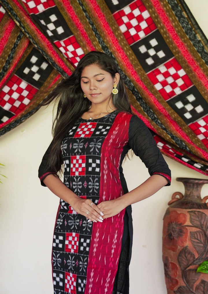 Sambalpuri Women's Kurti -   in Black and Maroon