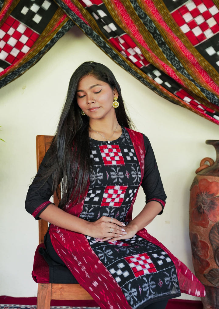 Sambalpuri Women's Kurti -   in Black and Maroon