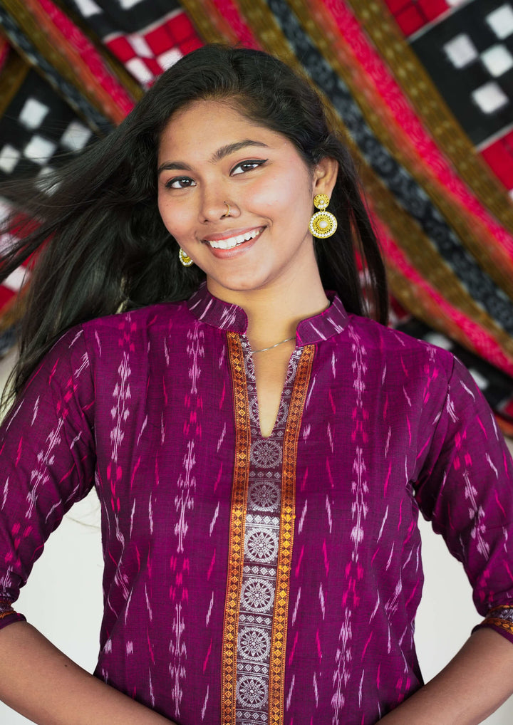 Sambalpuri Women's Kurti -  High Neck Lace-work Kurta in Magenta