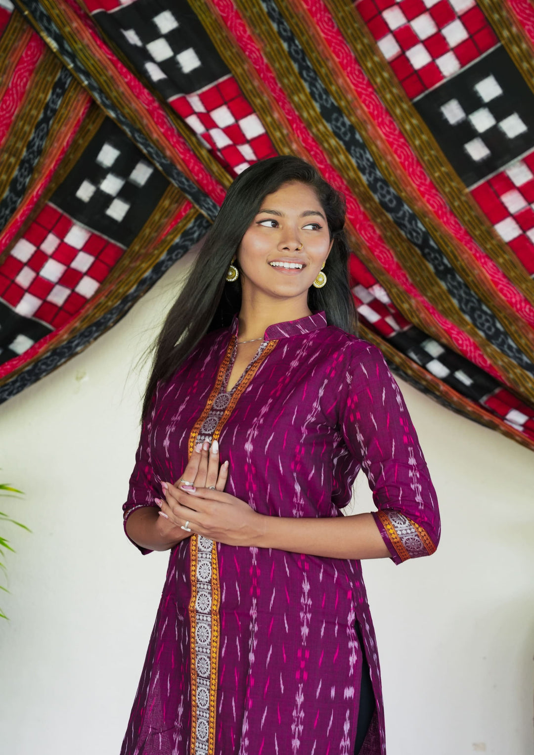 Sambalpuri Women's Kurti -  High Neck Lace-work Kurta in Magenta