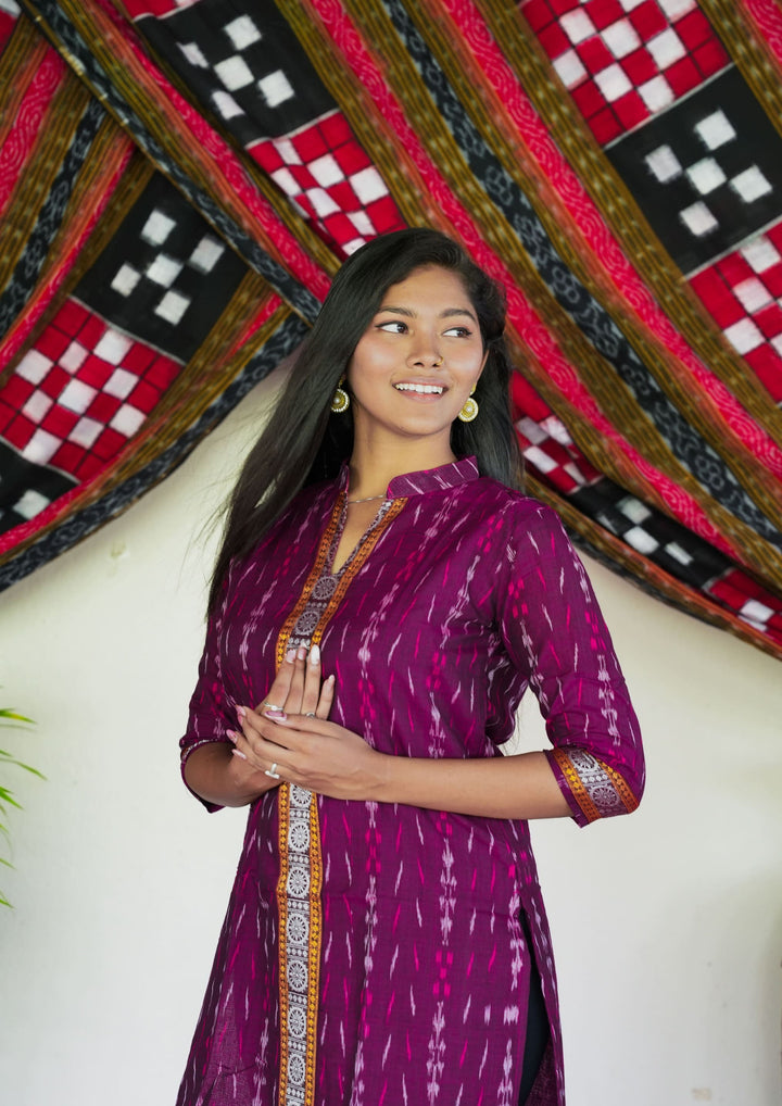 Sambalpuri Women's Kurti -  High Neck Lace-work Kurta in Magenta