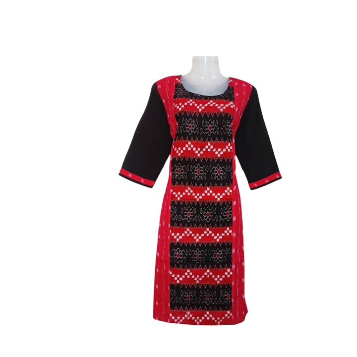 Sambalpuri Pure Cotton Zig-zag pattern Kurta in Red & Black