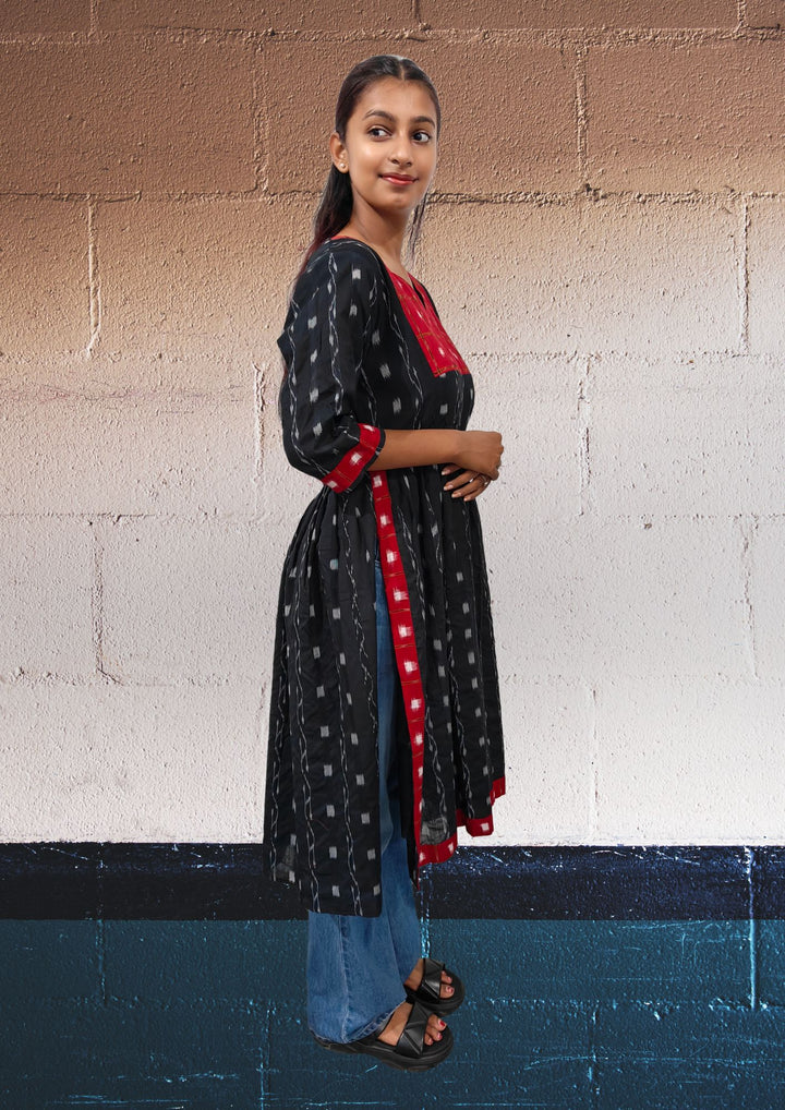 Authentic Sambalpuri Naira-cut Design Cotton Women's Kurta in Red & Black